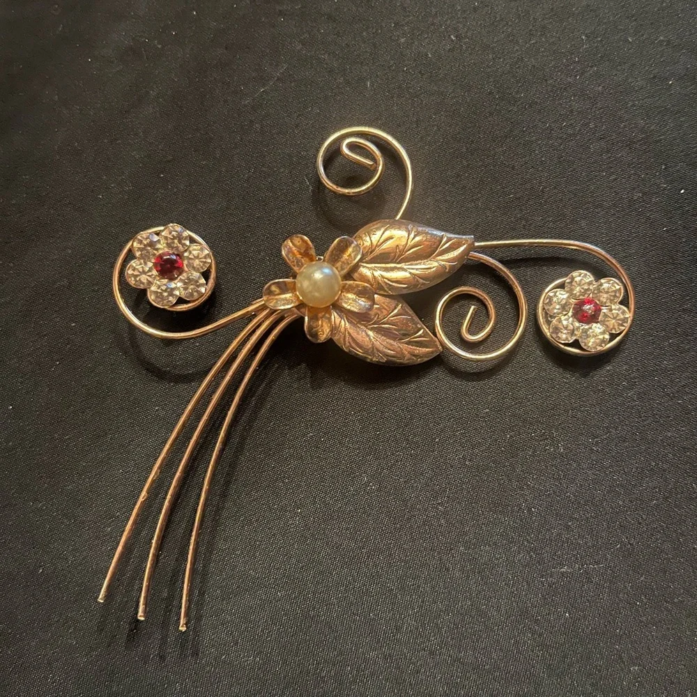 Vintage Gold Floral Brooch with faux pearl and rhinestones